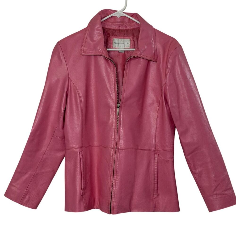 Worthington Vintage Bubblegum Pink Genuine Leather Zip Jacket Womens M - Picture 2 of 9